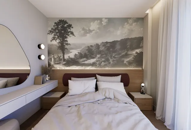 Concept B: bedroom with a landscape mural behind the bed