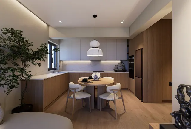 Concept B: oak kitchen with a round dining table