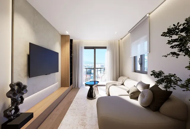 Concept B: living room with a sofa, TV wall and balcony window