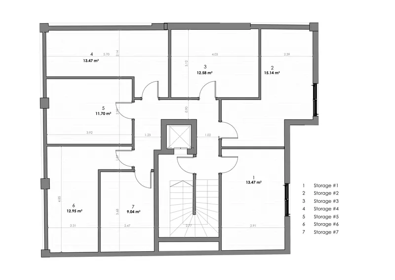 Concept B: basement plan with seven storage rooms
