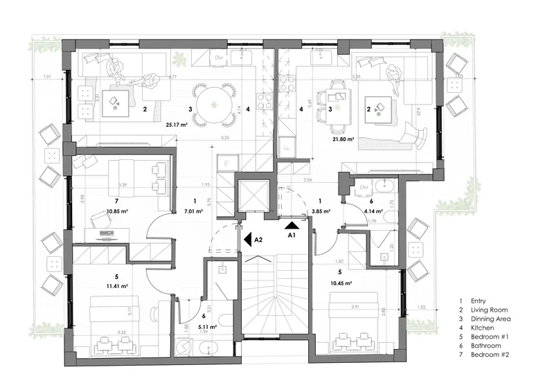 Concept B: furnished plan of the 1st floor, apartments A1 and A2