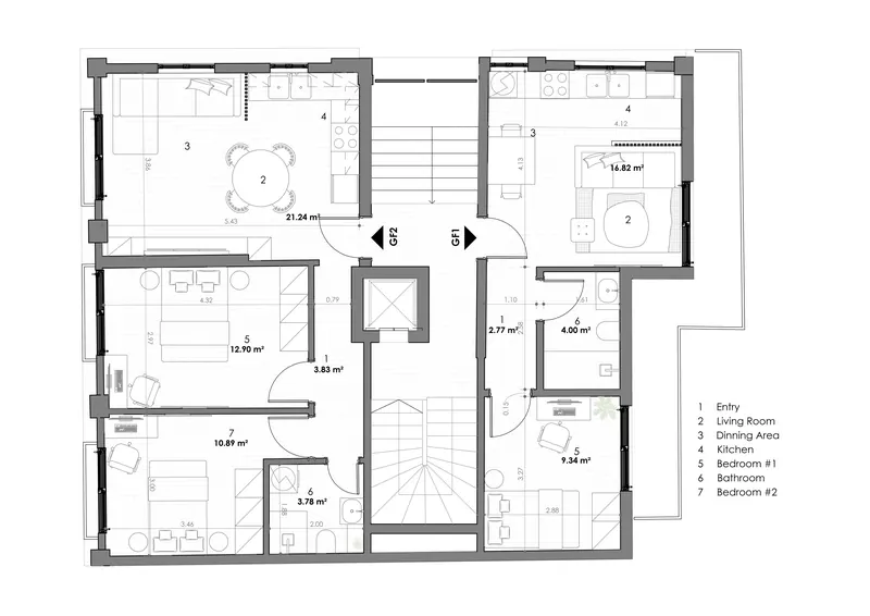 Concept B: furnished plan of the ground floor, apartments GF1 and GF2