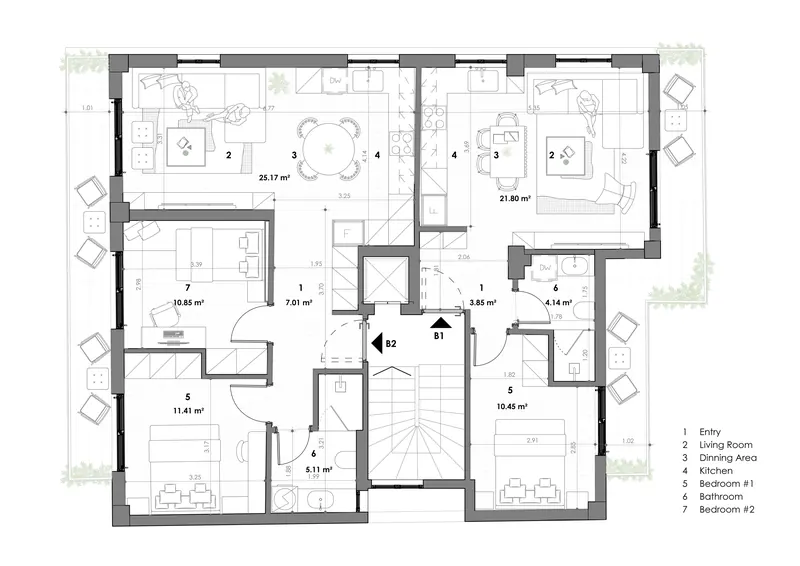 Concept B: furnished plan of the 2nd floor, apartments B1 and B2