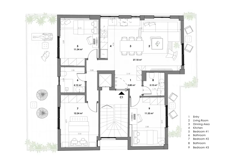 Concept B: furnished plan of the 3rd floor, the penthouse C1