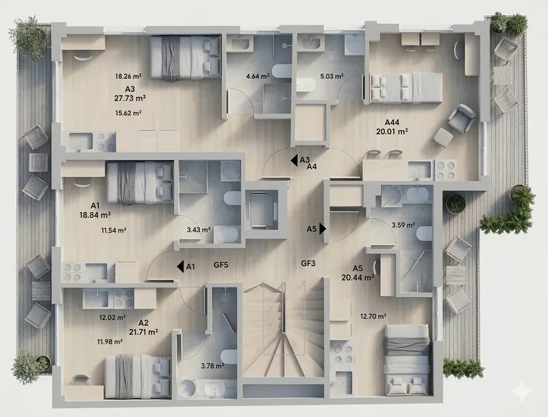 Concept A: furnished 3D plan of the 1st floor, studios A1 to A5