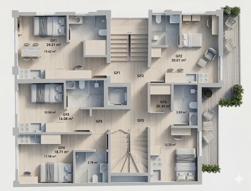 Concept A: furnished 3D plan of the ground floor, studios GF1 to GF5