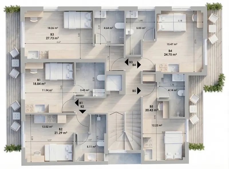 Concept A: furnished 3D plan of the 2nd floor, studios B1 to B5
