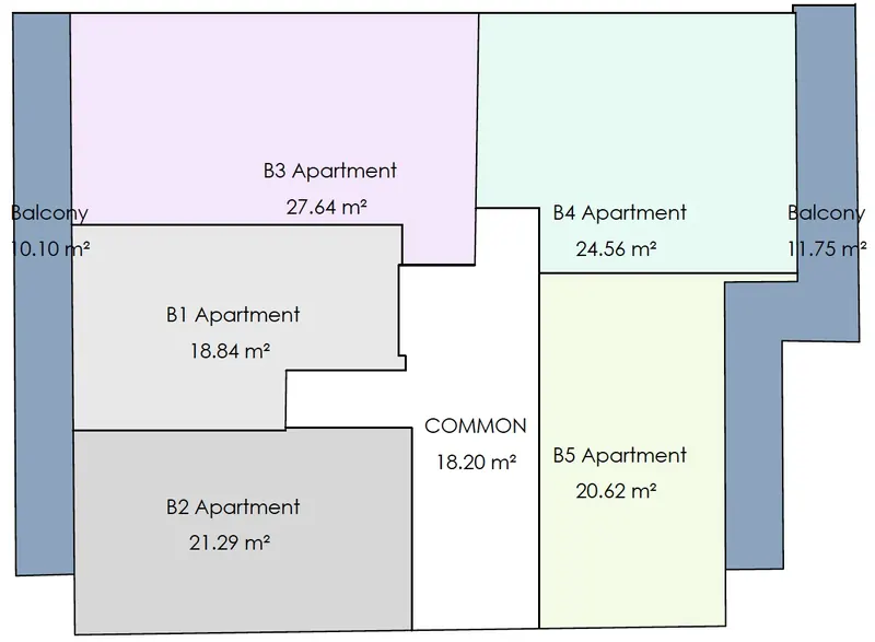 Concept area key of the MVR 19 second floor: studios B1 to B5 and balconies