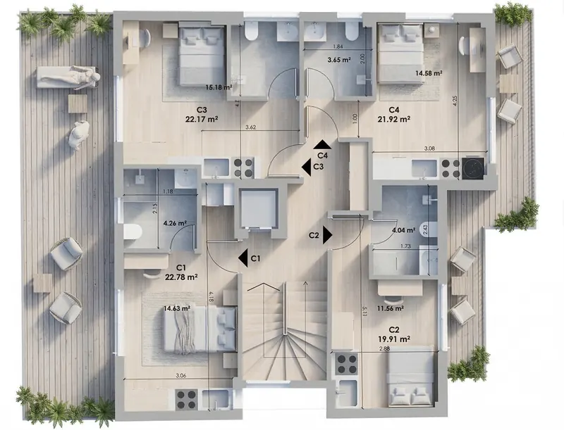 Concept A: furnished 3D plan of the 3rd floor, studios C1 to C4 and the terrace