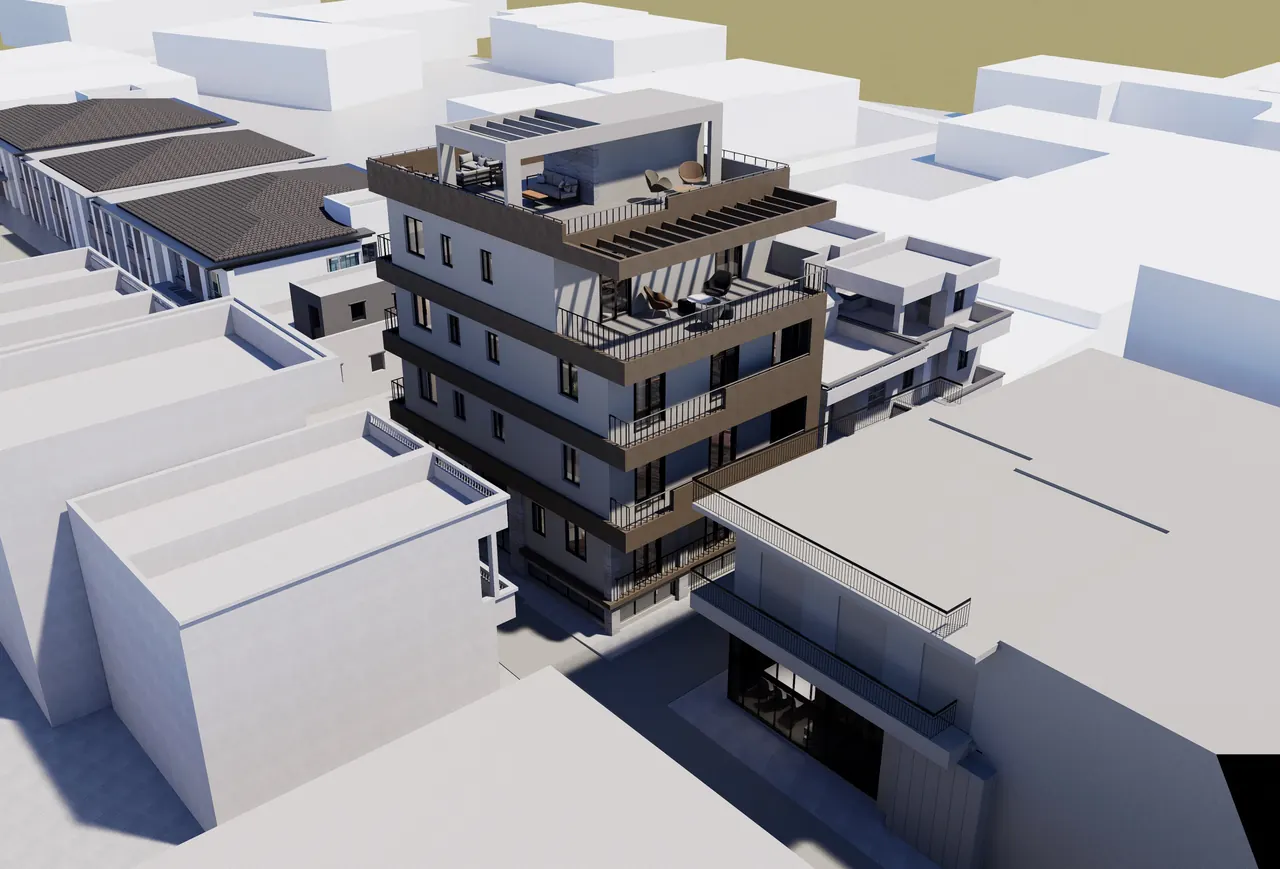 Concept render of MVR 19 from above, showing the four floors and the roof garden among the surrounding blocks