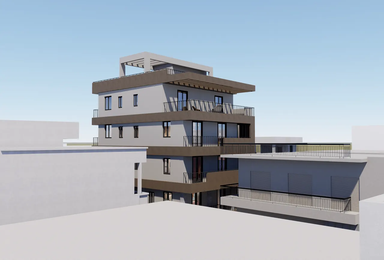 Corner concept render of MVR 19 with its layered balconies
