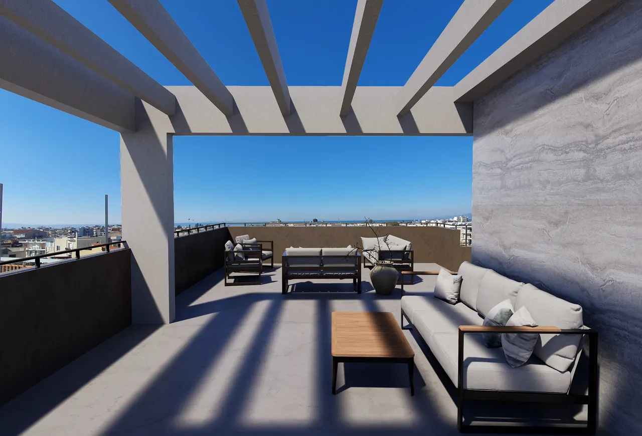 Concept render of the shared roof garden with a pergola, overlooking Patras